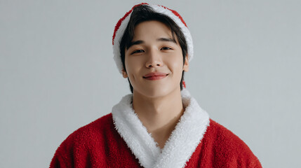 A confident person wearing a red Santa Claus hat and fluffy coat with arms crossed against a plain background perfect for Christmas holiday themes