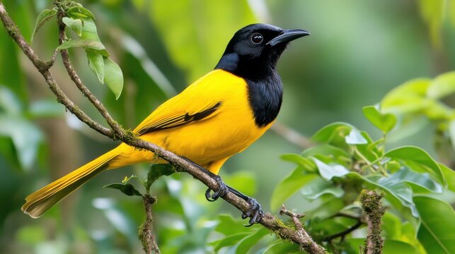 Vibrant Yellow Bird with Black Head Perched on Green Branch in Nature - Powered by Adobe
