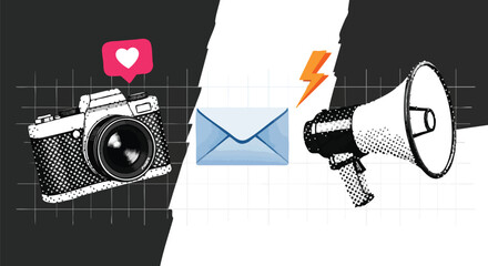 Captivating camera with heart icon, email envelope, and loud megaphone with lightning bolt symbolize impactful marketing and communication strategies for businesses