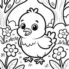 Cute cartoon chick standing in a field with flowers and trees isolated on white background