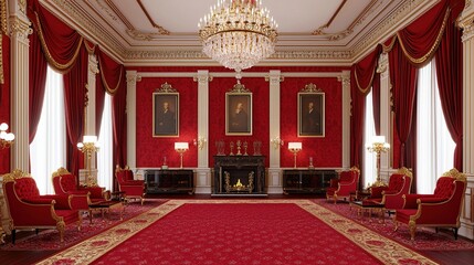 A luxurious room featuring red walls, ornate furniture, and elegant decor, highlighted by a grand chandelier and portraits on display.