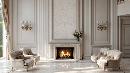 A luxurious, elegantly designed living room featuring plush seating, a marble fireplace, and ornate architectural details, creating a sophisticated atmosphere.