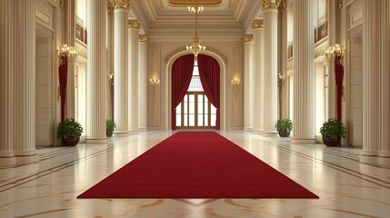 A grand hallway featuring tall columns, elegant decor, and a red carpet leading to a large window, creating a luxurious atmosphere.