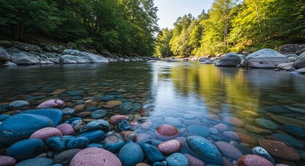 Vibrant river flows over colorful stones through lush green forest canopy