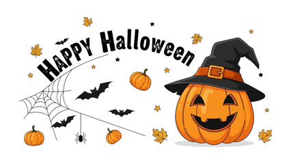 Spooky Halloween Imagery: A festive and enchanting illustration captures the spirit of Halloween, featuring a smiling pumpkin wearing a witch hat, accompanied by spooky elements such as a spiderweb.