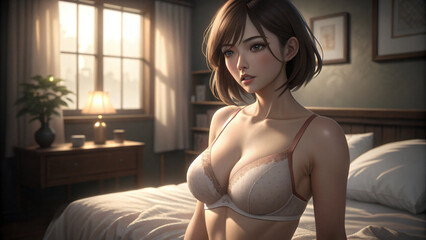 anime woman in lingerie sitting on the bed at home, a beautiful morning scene of relaxation