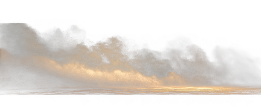 Golden mist and particles swirling across a textured surface isolated on transparent background