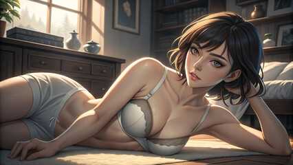 bra sensuality on a beautiful anime woman's body on a floor