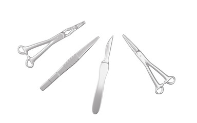 Scalpel, hemostatic forceps and so on surgical tools, 3d rendering.
