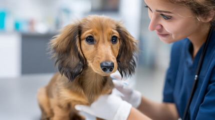Smiling young veterinarian in blue coat holding dog providing compassionate care in modern veterinary clinic smiling at camera. Injury recovery, healthcare concept, pet treatment and prevention, trust