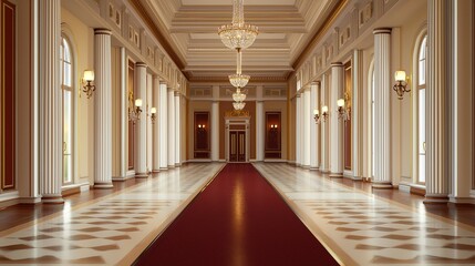 A grand, elegantly designed hallway featuring polished floors, tall columns, and ornate chandeliers, creating a luxurious atmosphere.