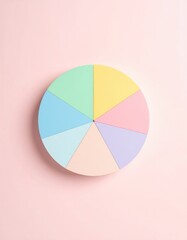 Fototapeta premium Minimalist Pastel Colored Pie Chart with Six Segments on Soft Pink Background, Top View