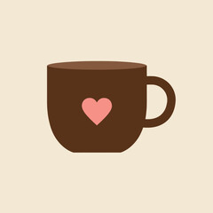 Cute brown coffee cup with pink heart, vector illustration with cozy ambiance