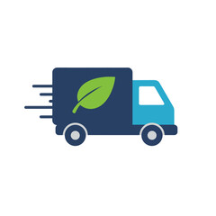 Eco-friendly delivery truck vector with green leaf symbol and motion lines representing fast, sustainable transport