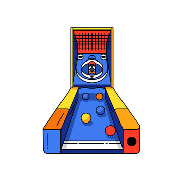 Vibrant SkeeBall arcade game illustration with blue lane yellow orange red accents and colorful balls.
