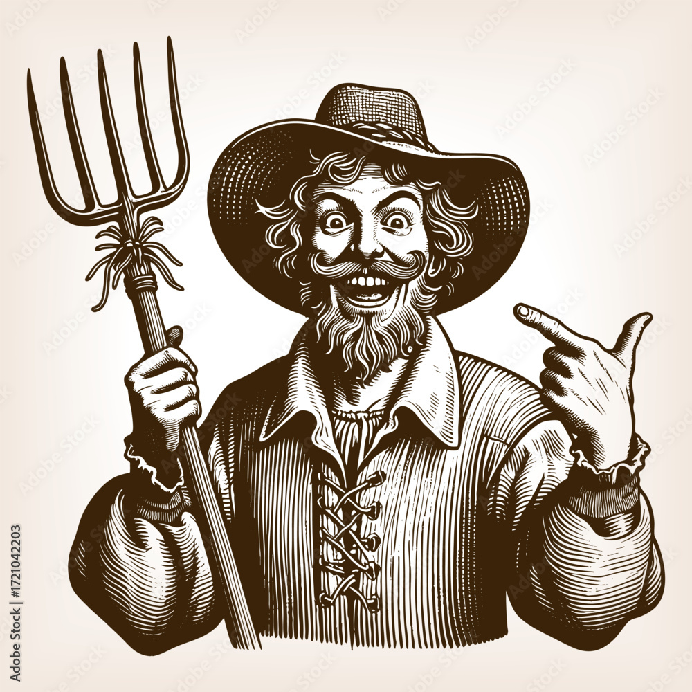 Poster cheerful bearded farmer in rustic clothing and hat, holding a pitchfork and pointing with a grin ske