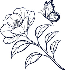 Elegant camellia flower with delicate butterfly line art illustration
