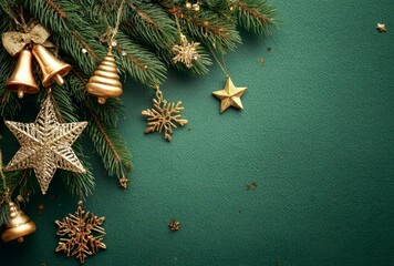 Christmas Decorations on Green Textured Background.
