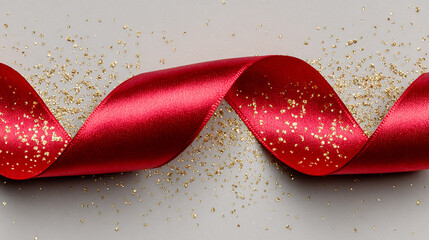 A smooth red satin ribbon elegantly curled on a sparkling gold confetti background perfect for festive holiday and gift wrapping themes