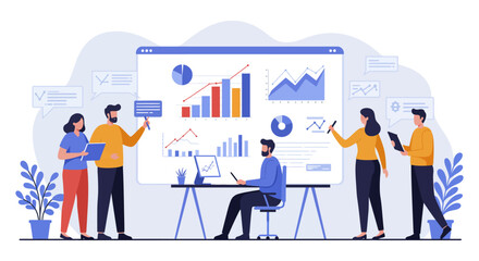 business data analysis team analyzing market trends on a digital screen in a modern office illustrating teamwork insights and financial strategy