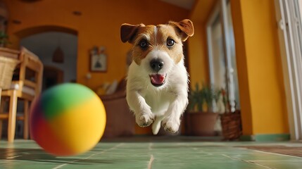 A jack russell terrier midair chasing a colorful ball indoors in a brightly lit room