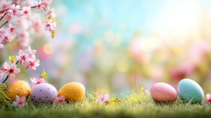 Colorful Easter Eggs in Grass with Cherry Blossoms.