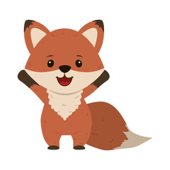Obraz premium Cheerful cartoon fox with raised arms in this vector illustration. The fox features a playful expression, capturing a sense of fun and excitement, perfect for children s designs.