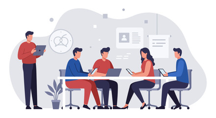 Obraz premium Business meeting in office team collaborating on project at conference table discussing ideas and reviewing progress ideal for corporate reports