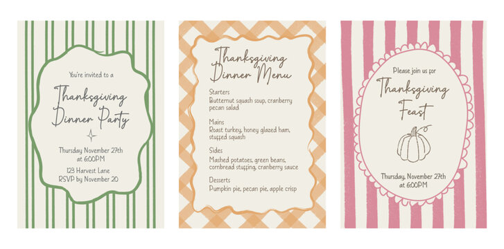 Whimsical hand-drawn thanksgiving poster template with pumpkin. Doodle-style illustration for holiday menus, cards, or festive invitations. Playful striped and plaid backgrounds. Vector illustration.