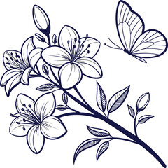 Elegant jasmine flower with delicate flying butterfly line art illustration