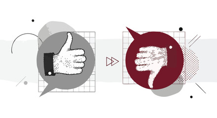 Illustration of a thumbs up and thumbs down icon in speech bubbles, symbolizing feedback, opinion, or a change in sentiment.