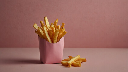 Golden French Fries in Pink Carton – Minimalist Fast Food Photography on Solid Pink Background