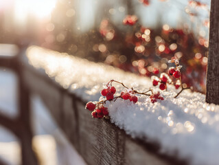 Winter berries in sunlit snow on rustic fence