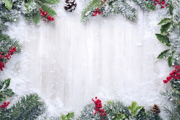 Christmas Frame with Snowy Branches and Berries on White Wood