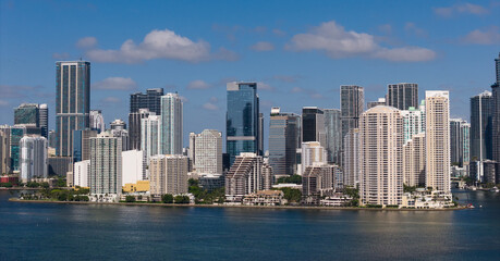 Aerial view of Brickell skyline in downtown Miami. Skyscrapers above Miami. Scenic panorama of...