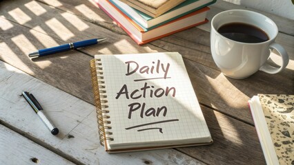 Daily Action Plan on Notebook with Coffee and Books on Wooden Table for Productive Lifestyle