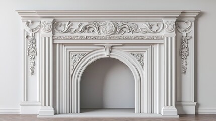 Obraz premium A detailed, elegant white fireplace with intricate carvings, designed for a classic interior, showcasing craftsmanship and sophistication.