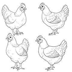 Four stylized cartoon chickens in varied poses, outlined in black-and-white with detailed feathers—ideal for coloring or farm-themed art.