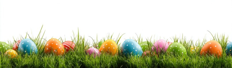 Easter Eggs in Grass on White Background