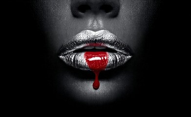 Silver Lips with Dripping Red Paint on Black Background