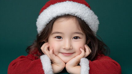 A cheerful woman wearing a red Christmas sweater and Santa hat resting her chin on her hands with a festive green background creating a warm holiday atmosphere