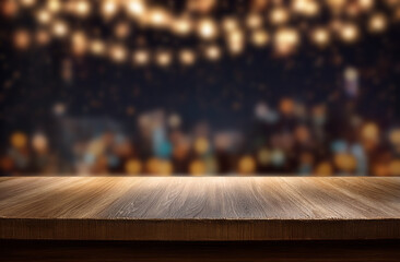 Wooden Table Top with Blurred City Lights Background