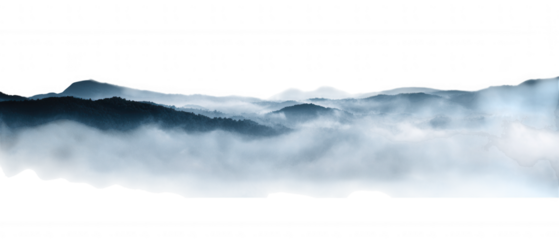 Misty mountain range landscape with layered peaks and fog isolated on transparent background