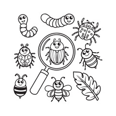  Smiling Forest Insects and Leaf Friends Under the Magnifying Glass Adventure Line Art. 