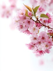 Cherry Blossom Branch with Pink Flowers and White Background