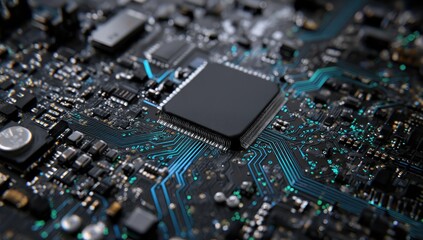 Obraz premium Close-up view of intricate circuit board with highlighted components, showcasing the complexity of modern technology.