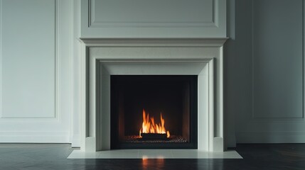 A modern fireplace set against a minimalist wall, showcasing warm flames creating a cozy ambiance in a stylish interior.