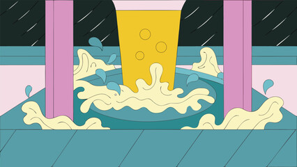 Illustration of a water fountain in a pub, drinking water and pouring