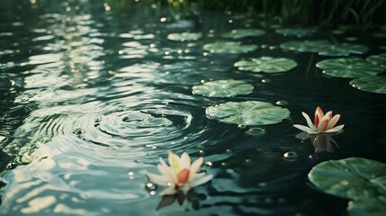 Photograph of tranquil water with ripples, two white water lilies, and reflections in a dark, green pond.