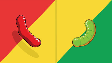 Illustration of a green worm and a red caterpillar on a yellow and green background